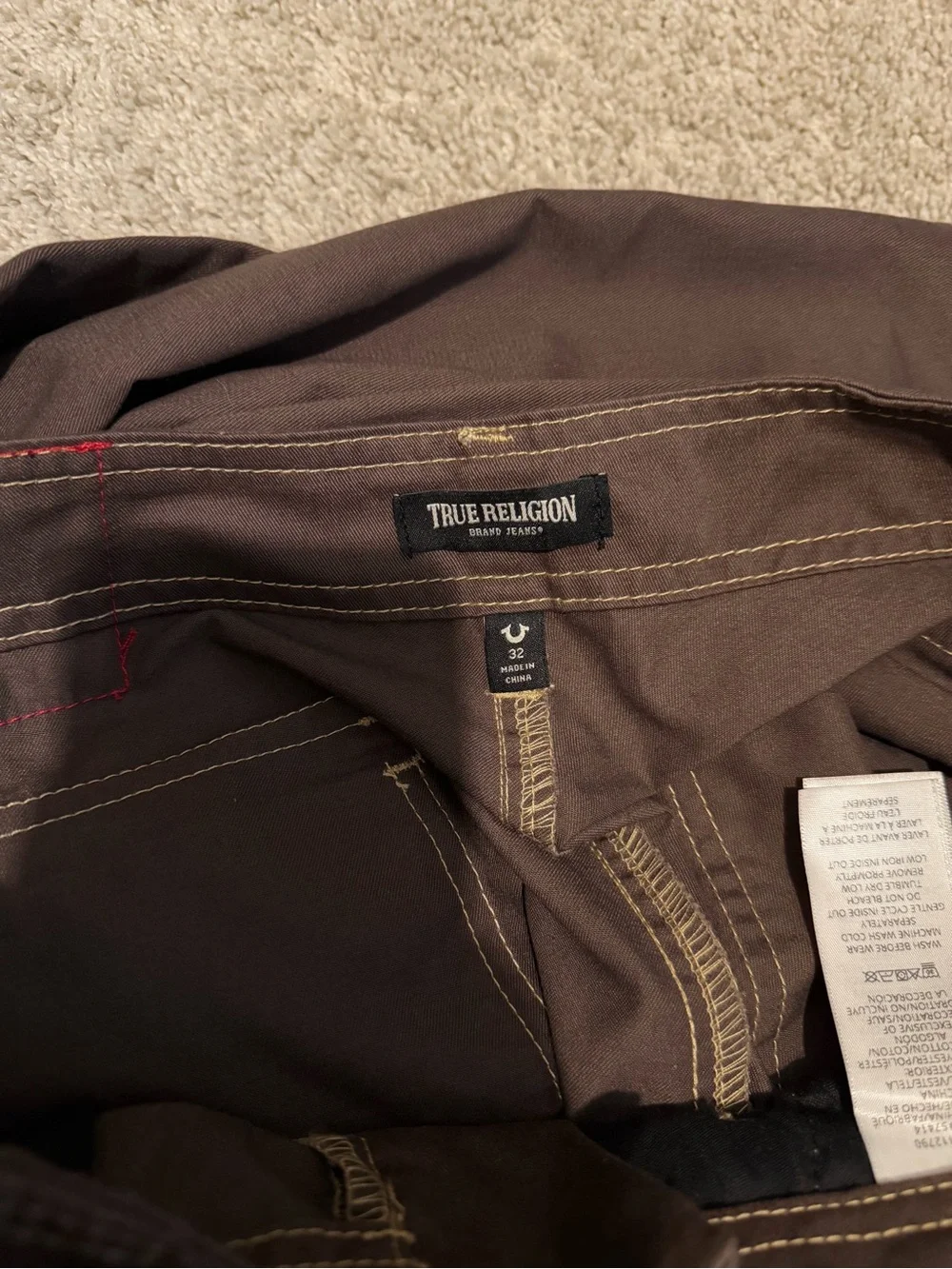 True Religion Brown Cargo Pants with Contrast Stitching